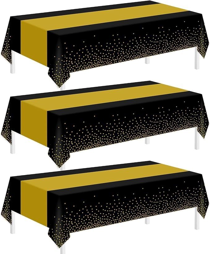 Childom 3 Pack Black and Gold Tablecloths for Events,54"x108" Plastic Table Cloths for Rectangle Tables,Disposable Party Table Covers for New Years Eve Decorations 2026,Holiday Birthday Wedding Dining