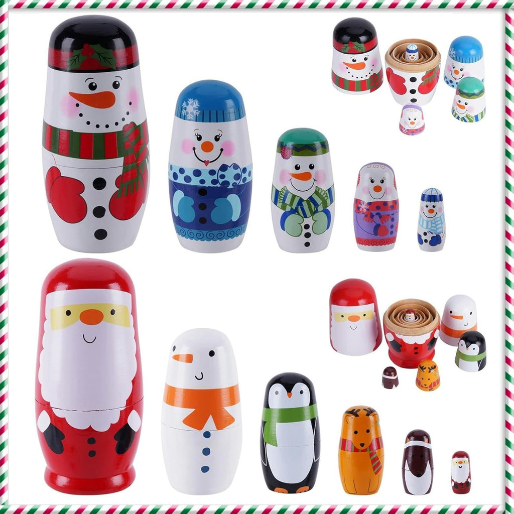 Chirstmas Russian Nesting Dolls, 2 Pack Wooden Handmade Nested Sets Matryoshka Doll, Russian Stacking Dolls Toys for Kids Toddlers Happy Chirstmas Home Decoration Gift