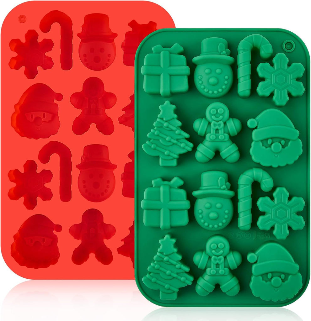 Chocolate Molds, 2PCS Silicone Candy Molds Santa Clause Christmas Tree Snowman Gingerbread Man Baking Molds for Jellies, Candies, Ice Cubes, Wax Melts, Soaps, Candles