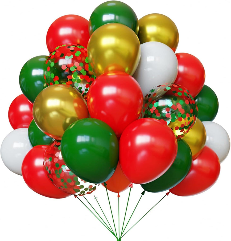 Christmas Balloons, 67pcs 12 Inch Red and Green Balloons, Red Green confetti White and Gold Balloon for Birthday, Christmas Party Decorations