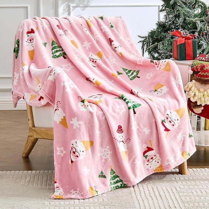 Christmas Blanket Soft Cozy Pink Throws with Snowman Snowflake Santa Claus and Xmas Trees Print, Fuzzy Warm Christmas Throw Blanket for Couch Bed Holiday Decorations Gifts 50"x60" (Pink)