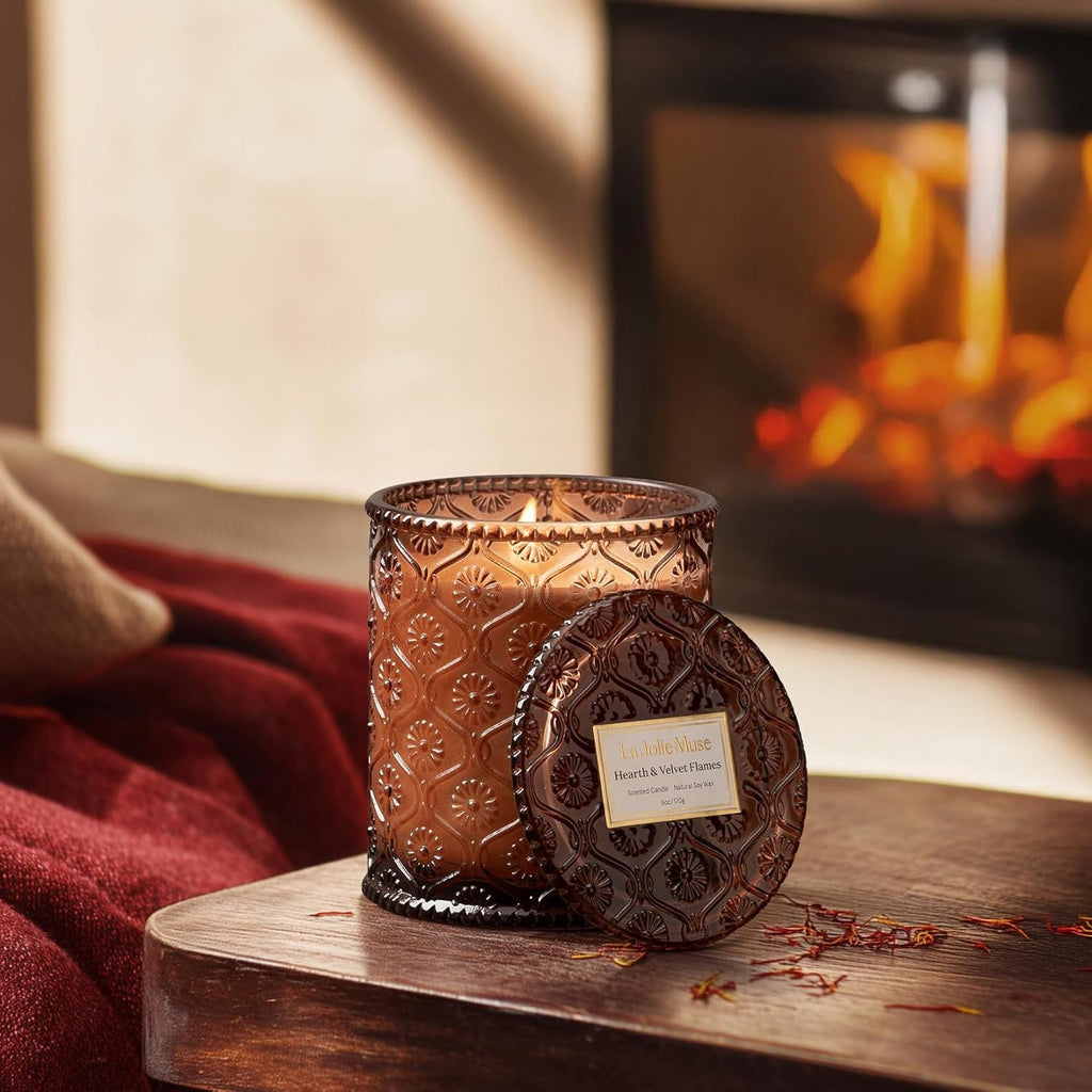 Christmas Candle | Hearth & Velvet Flames | Saffron, Clove & Vanilla | 6 oz Natural Soy Wax | 40-Hour Clean Burn | Christmas Gift for Women & Family
