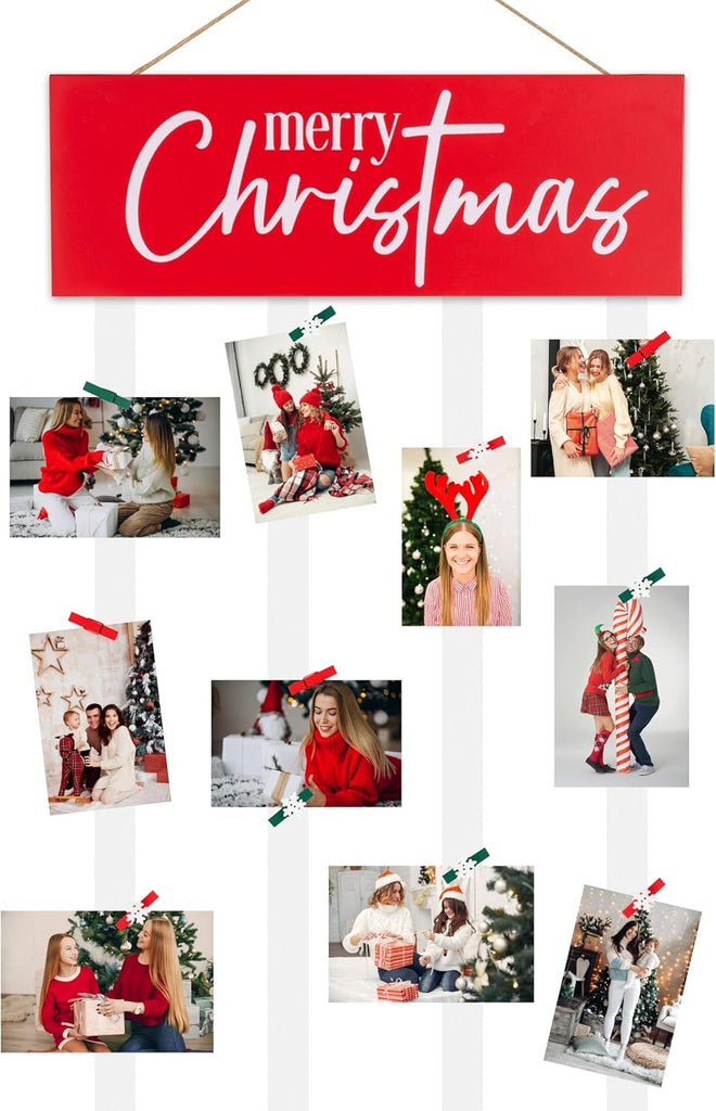Christmas Card Holder Farmhouse Merry Christmas Photo Display Xmas Wooden Wall Hanging Sign with 24 Clips for DIY Rustic Picture Frames Collage Holiday Home Decor Indoor Decoration (Red)