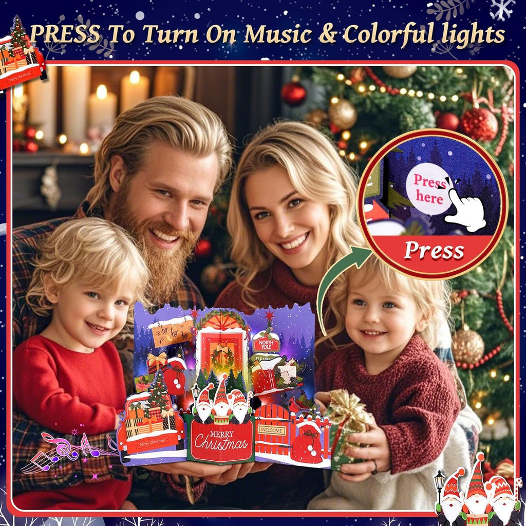 Christmas Card with Music & Lights, 3D Pop Up Merry Christmas Cards, Elf House Handmade Greeting Card, Xmas Gifts for Wife, Mom, Father, Sister, Son, Daughter