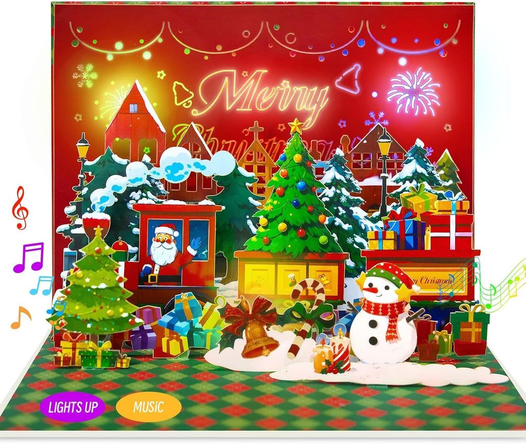 Christmas Card with Music & Lights, Unique 3D Pop-Up Merry Christmas Card with Envelope, Funny Xmas Gift for for Kids Women Men Friends and Family, 8.2 x 6.7 Inch