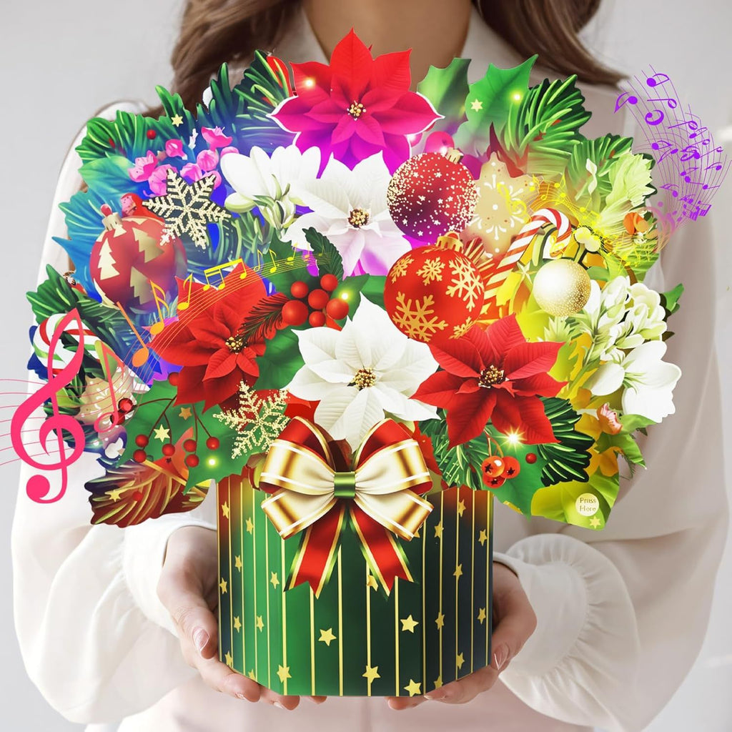 Christmas Cards, Light and Music Merry Christmas Cards, 13 Inch Life Sized Forever Flower Bouquet 3D Pop Up Xmas Gift Card for Women Wife Mom Daughter Sister