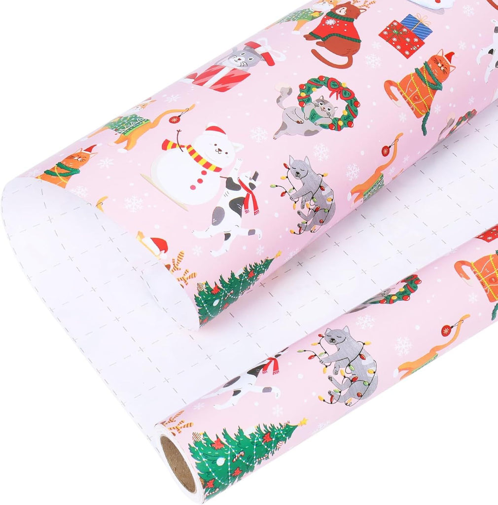 Christmas Cat Wrapping Paper Roll – 17 inch x 33 feet, Cute Holiday Kitten Design with Trees & Gifts, Pink Wrapping Paper for Pet Lovers, Girls, Kids Gift Wrap for Xmas & Birthday