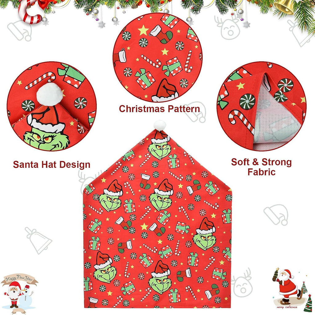 Christmas Chair Covers, Red Xmas Chair Back Cover for Christmas Dinning Room Decoration, Santa Claus Hat Slipcover (4pcs)