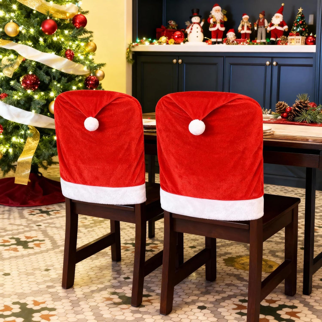Christmas Chair Covers,Red and White Santa Claus Hat Chair Back Cover Christmas Chair Slipcovers for Xmas Kitchen Dinning Room Bar Decoration Holiday Festival Party Supply