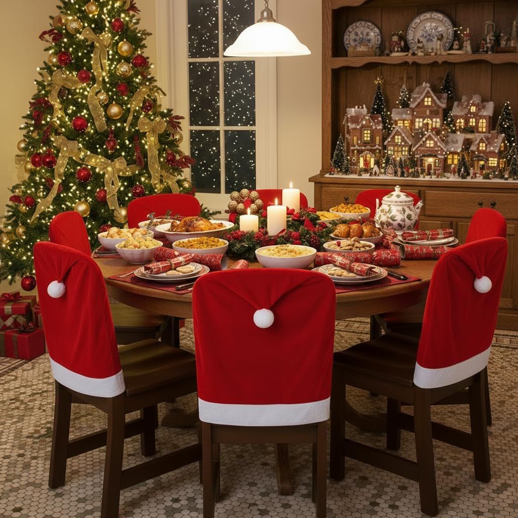 Christmas Chair Covers,Red and White Santa Claus Hat Chair Back Cover Christmas Chair Slipcovers for Xmas Kitchen Dinning Room Bar Decoration Holiday Festival Party Supply