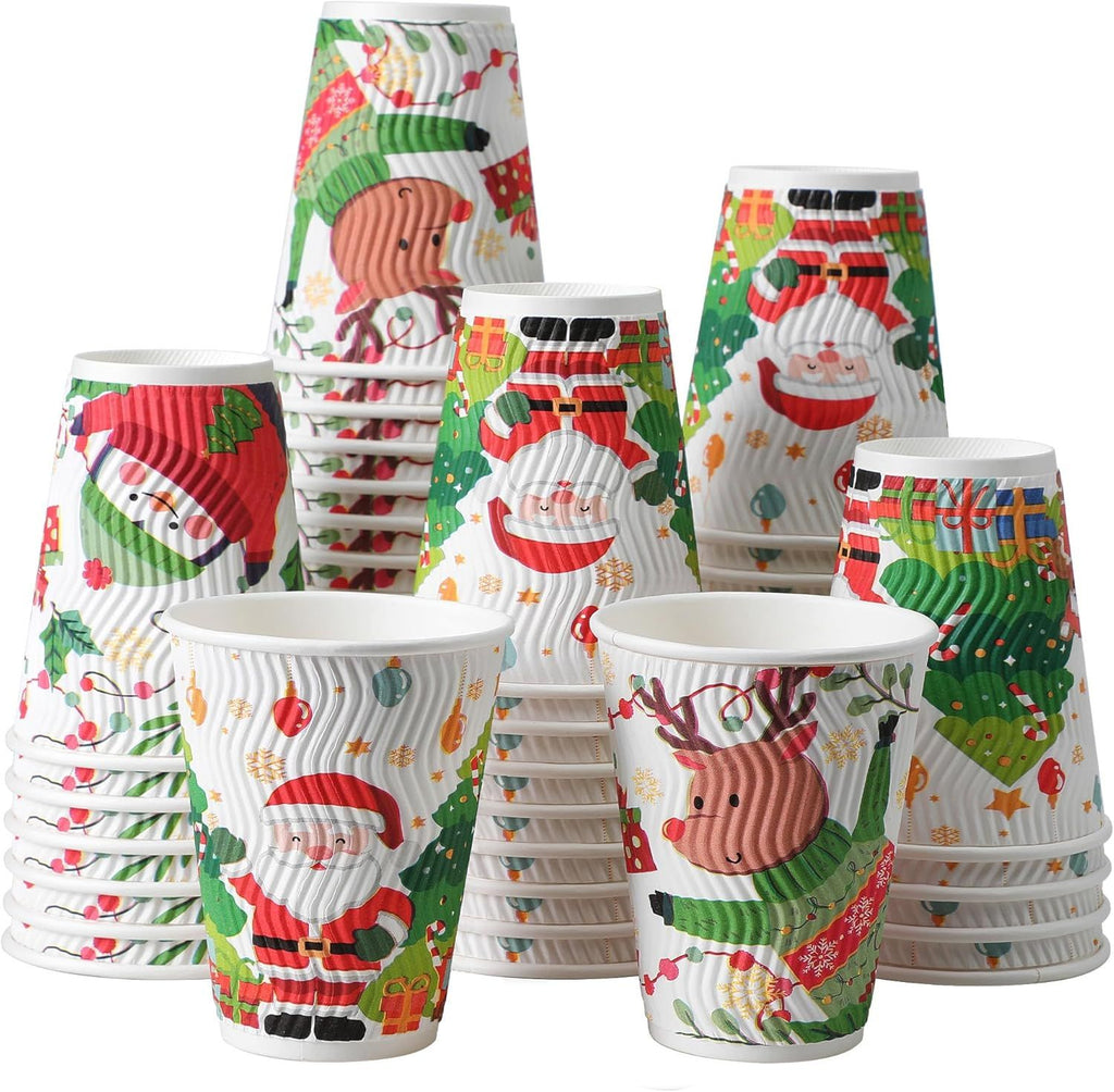 Christmas Coffee Cups - 50 Pack Disposable Insulated Paper Cups, Christmas Hot To Go Coffee Cups, Leak Proof Holiday Party Supplies for Office Home Celebrations
