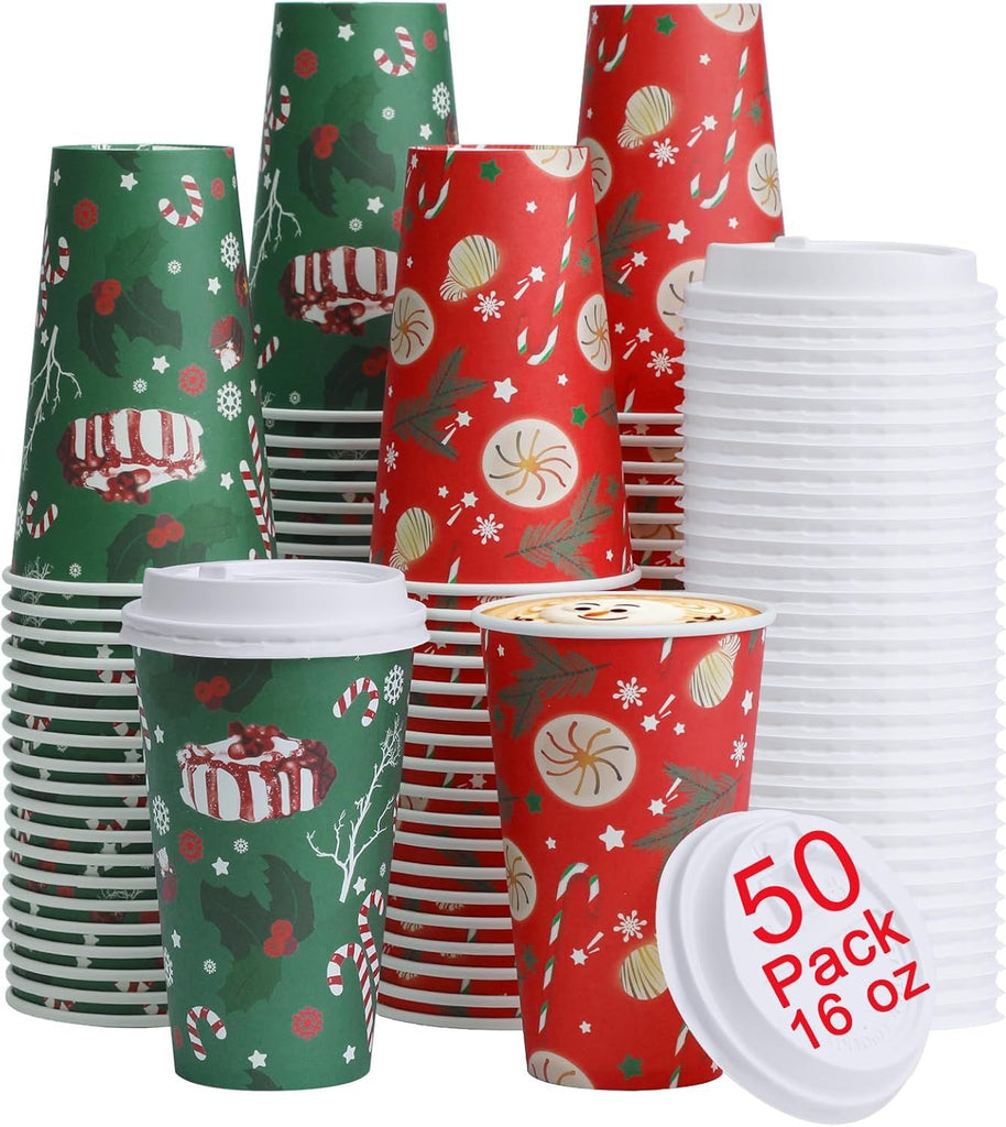 Christmas Coffee Cups 50 Pack, 16 Ounce To Go Cups with Lids, Disposable Coffee Paper Cups for Hot Drinks or Cold Beverages