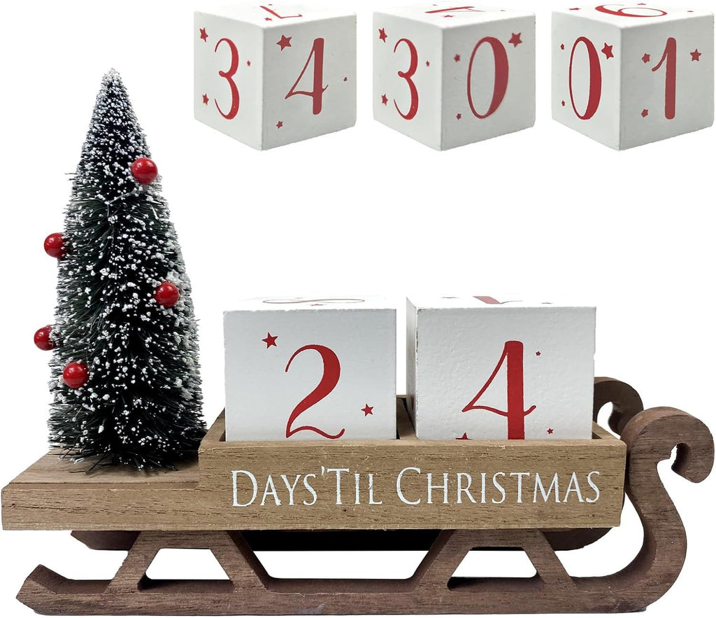 Christmas Countdown Blocks Santa Sleigh Advent Calendar 99 Days Christmas Tree Decorations Wooden Farmhouse Rustic Sign Xmas Party Holiday Décor for Home Living Room, Mantel, Tiered Tray