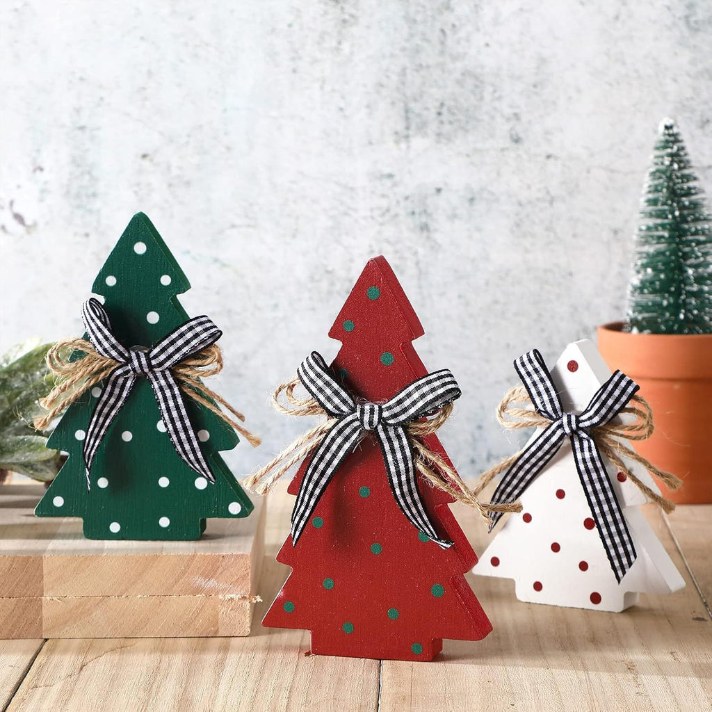 Christmas Decor 3 Pieces Wood Table Rustic Christmas Tree Farmhouse Wooden Xmas Centerpiece for Small Table Xmas Trees Red Green Tiered Tray Party Decoration(Polka Dot Style)