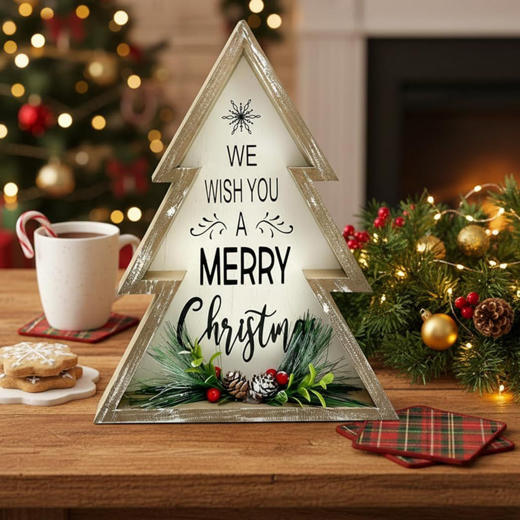 Christmas Decorations for Home Farmhouse Merry Christmas Tree with Pinecones Wooden Decorative Block Rustic Tabletop Xmas Party Holiday Décor