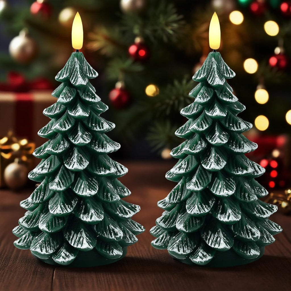 Christmas Decorations Indoor, Christmas Decor Christmas Tree Candles Battery Operated, Flameless LED Candle Lights with 6H Timer, Xmas Home Decor, Set of 2(Green)