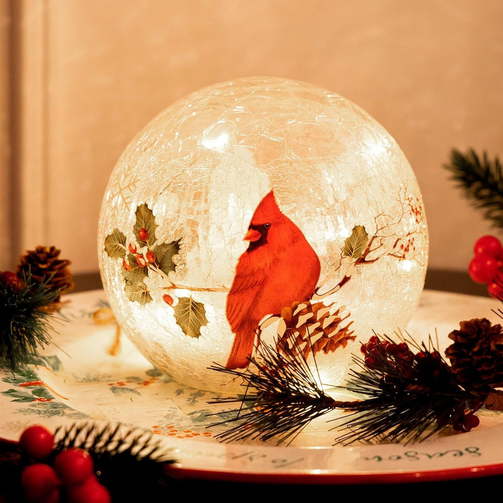 Christmas Decorations Indoor,Glass Globe Cardinal Lamp,Crackle Ball LED Lights Battery Operated,with Timer Snowflake Inside,Red Bird,Night Light for Table Decor (Cardinal)