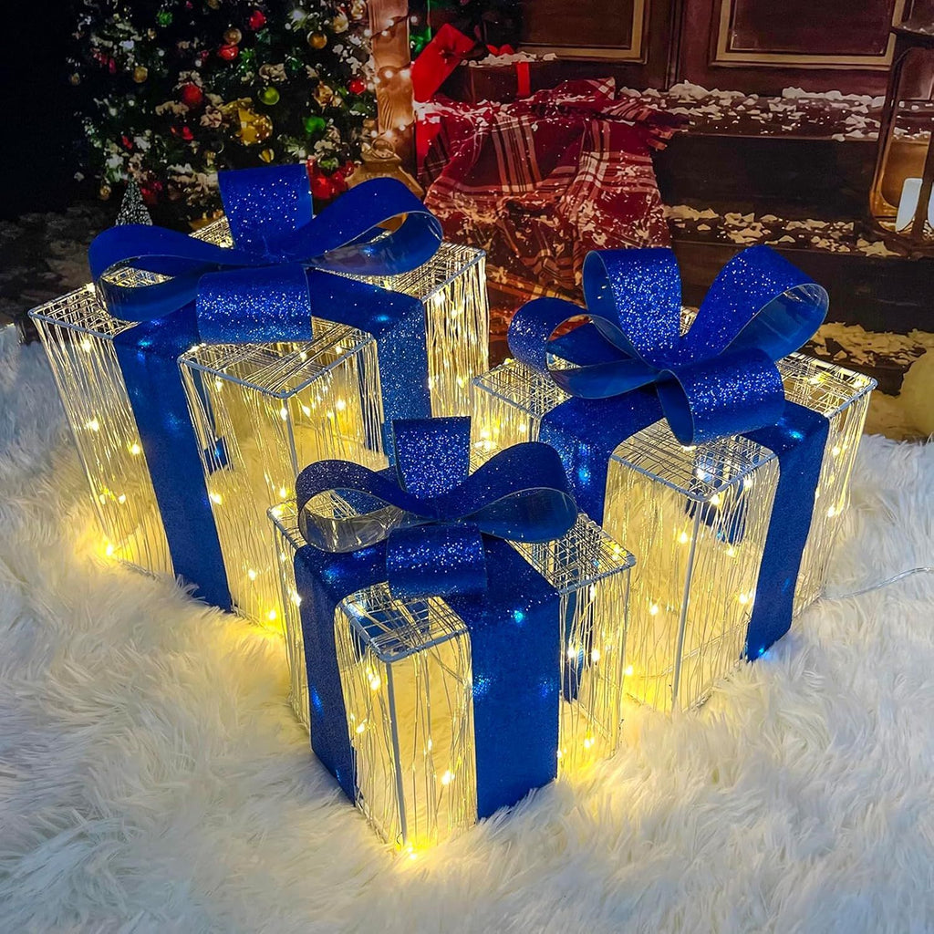 Christmas Decorations, Set of 3 Christmas Lighted Gift Boxes 140 LED Light up Present Ornament for Tree Indoor Outdoor Yard Holiday Door,Warm White