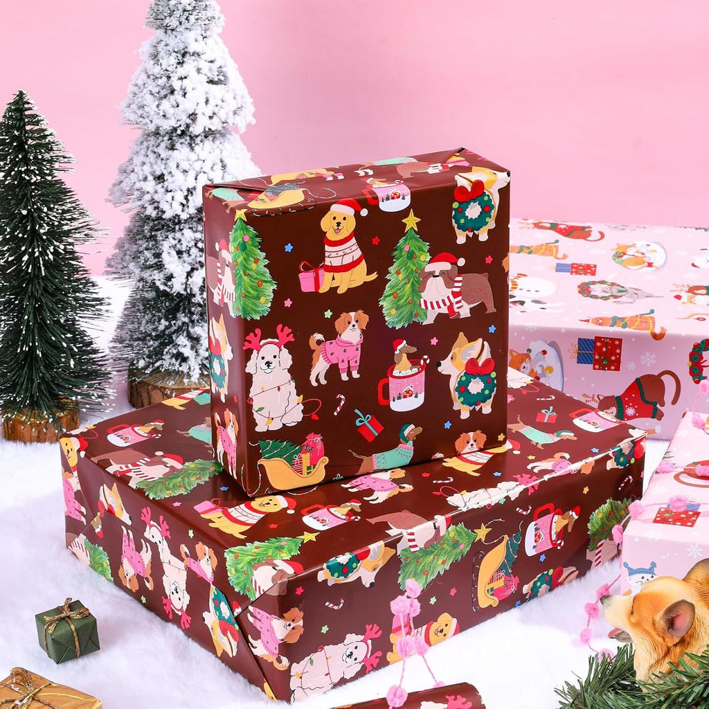 Christmas Dog Wrapping Paper Roll – 17 inch x 33 feet, Cute Holiday Puppy Print with Gifts, Trees & Sleds for Kids, Pet Lovers, Gift Wrap for Xmas, Birthday