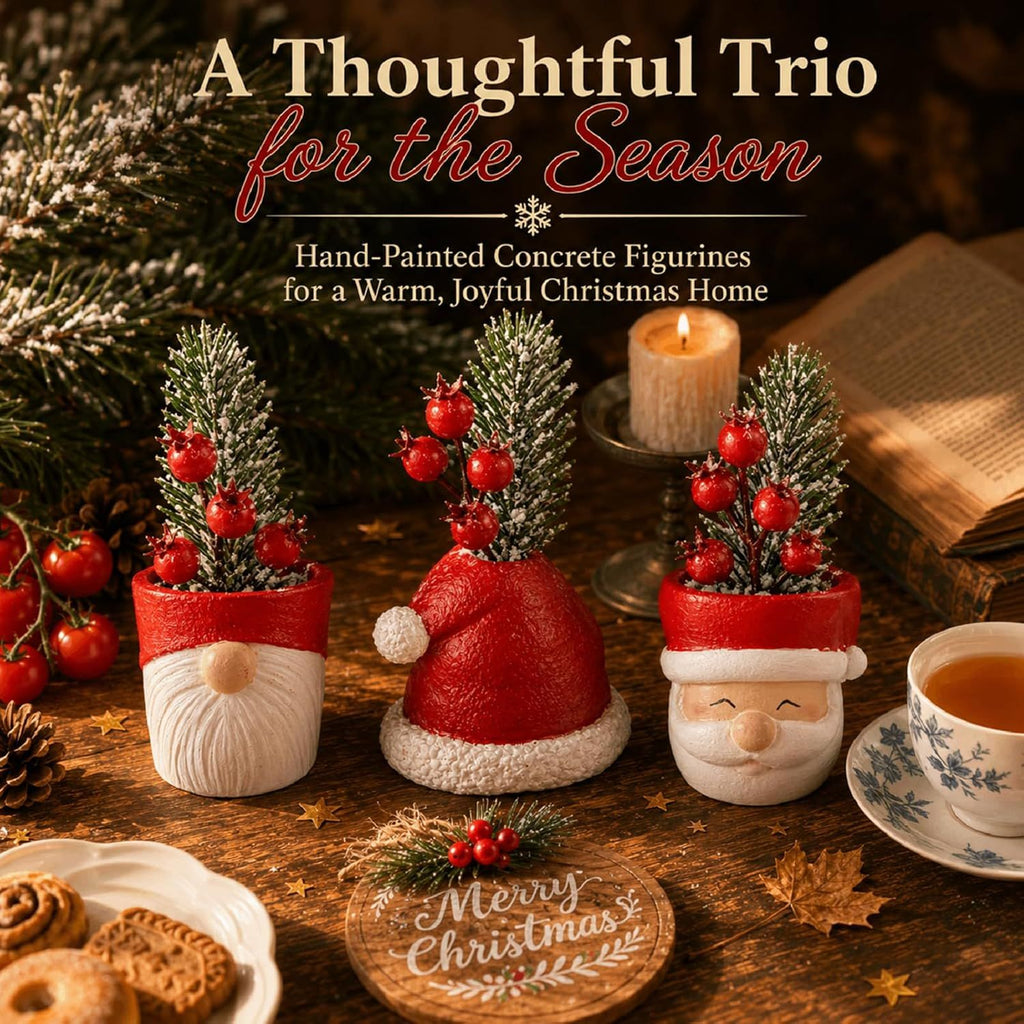 Christmas Figurines Santa Concrete Decorations 3 Piece Set Hand Painted Santa Claus Figurines with Artificial Plants Mini Tabletop Decor for Shelf Mantel Christmas Home Display