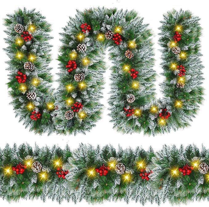 Christmas Garland with Lights - 9FT Pre-Lit Flocked Garland with 30 LED Bulbs, Red Berries, Pine Cones, Artificial Pine Battery Operated Garland for Fireplace, Staircase, Indoor & Outdoor Decoration