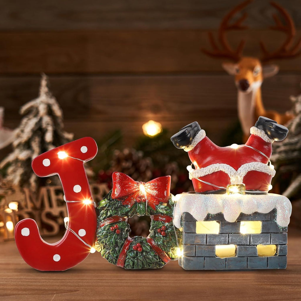 Christmas Joy Table Decorations, LED Lights Santa Claus in The Chimney Figurine Ornament, Resin Christmas Tabletop Holiday Decor for Indoor Home Kitchen Office Xmas Party