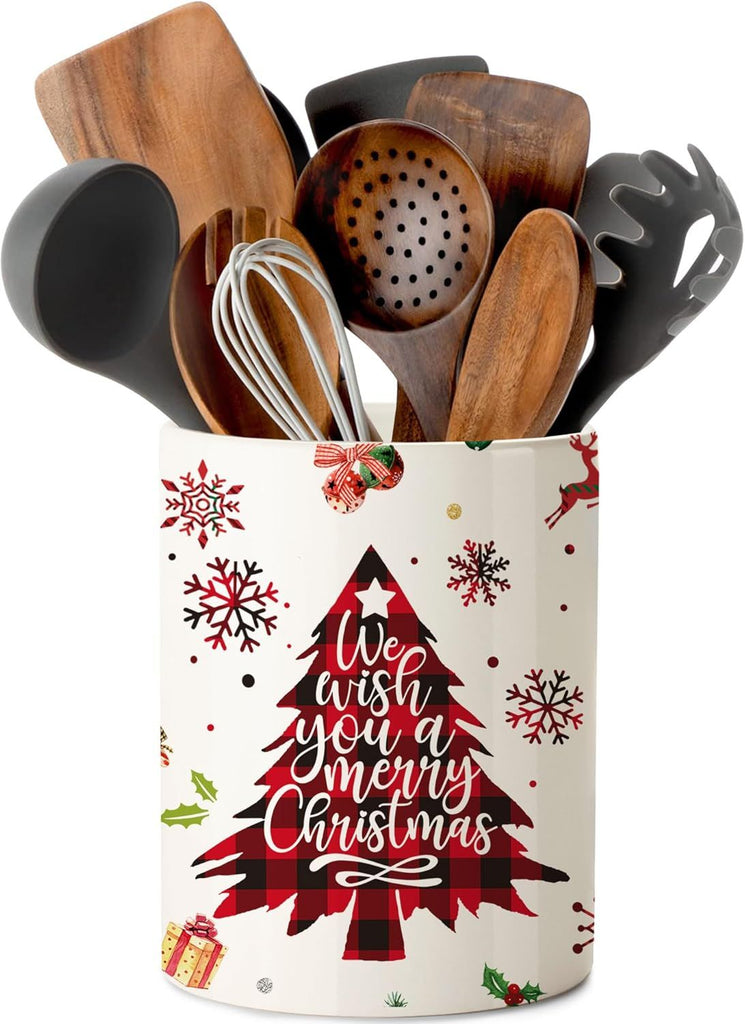 Christmas Kitchen Decor Ceramic Utensil Holder, Cute Red Christmas Tree Utensils Holder, Xmas Ceramic Utensils Crock for Rustic Farmhouse Indoor Kitchen Decorations(6.3 Inches)