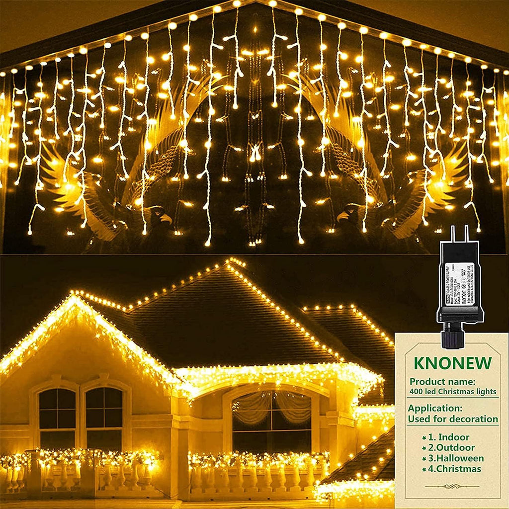 Christmas Lights Outdoor Decorations 400 LED 33ft 8 Modes Curtain Fairy String Light with 75 Drops, Clear Wire LED String Light Indoor Decor for Wedding Party Christmas Decorations Warm White