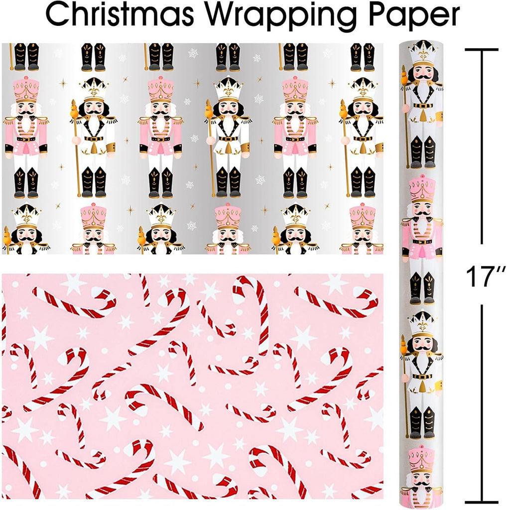 Christmas Nutcracker Wrapping Paper Roll, 17 Inch x 33 Feet Gift Wrapping Paper Featuring Luxury Pearly-Lustre Nutcracker & Candy Cane Pattern Christmas Gift Wrap for Holiday New Year Kids