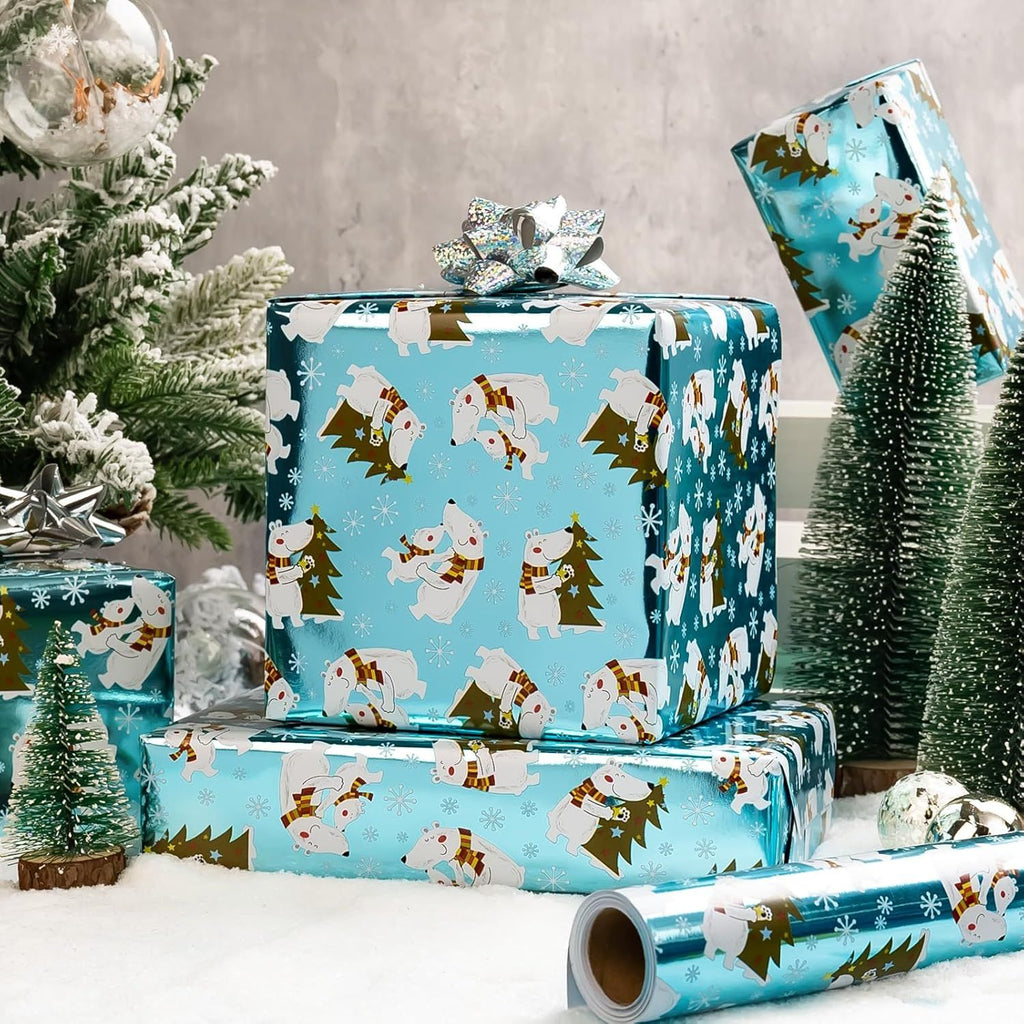 Christmas Polar Bear Wrapping Paper - 17 Inch X 33 Feet - Blue Cute Winter Forest Arctic Animal Holiday Gift Wrap Metallic Foil Paper for Kid Birthday Baby Shower Hanukkah Festive Decoration