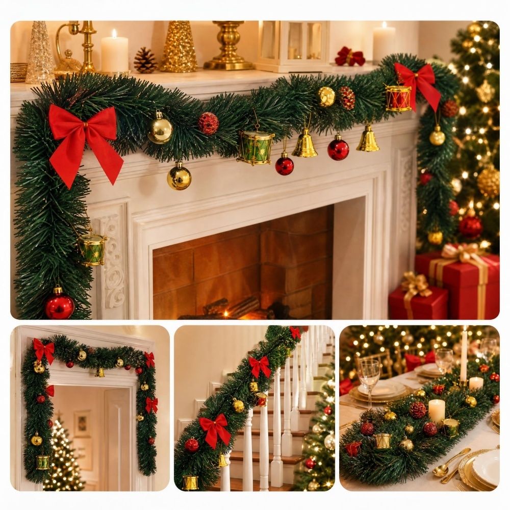 Christmas PVC Garland Set, 15M (49.2FT) Artificial Green Rattan with Bows, Balls, Bells & Drum Ornaments, Flexible Christmas Decor for Mantel, Stair Railing, Door Frame