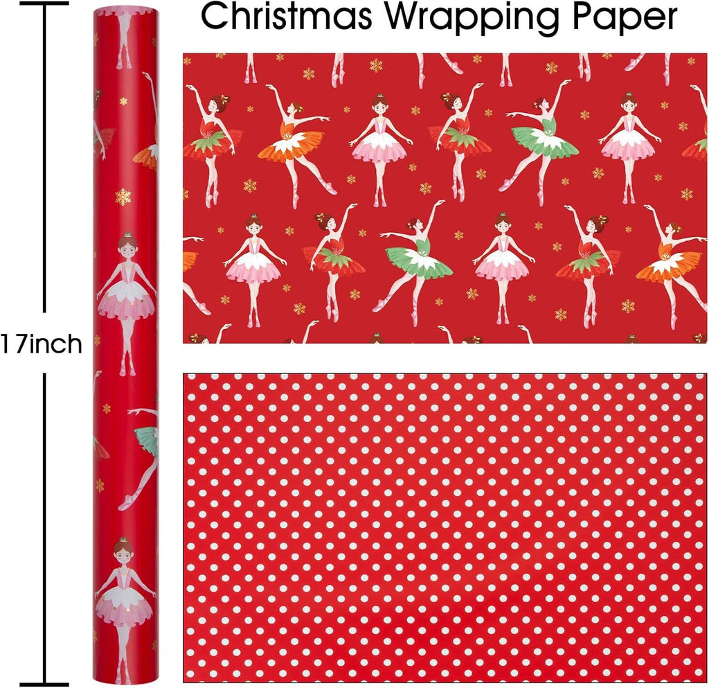 Christmas Reversible Wrapping Paper Roll - Metallic Foil Shine Ballet Girl and Snowflake & Red Polka Dots Design for Christmas, New Year Celebration - Mini Roll - 17 Inch x 33 Feet