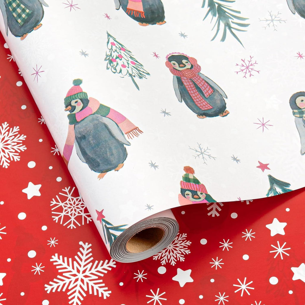 Christmas Reversible Wrapping Paper Roll - Metallic Foil Shine Ballet Girl and Snowflake & Red Polka Dots Design for Christmas, New Year Celebration - Mini Roll - 17 Inch x 33 Feet