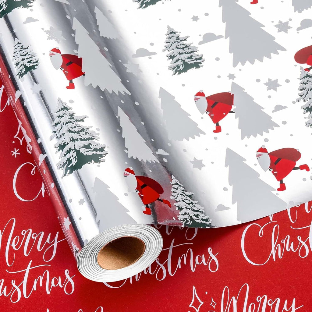 Christmas Reversible Wrapping Paper Roll - Metallic Shine Silver Santa and Tree on Snowfield & Red Merry Christmas Design for Christmas, New Year Celebration - Mini Roll - 17 Inch x 33 Feet