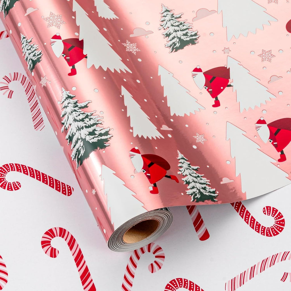 Christmas Reversible Wrapping Paper Roll - Pink Metallic Foil Shine Santa and Tree on Snowfield & Candy Cane Design for Christmas, New Year Celebration - Mini Roll - 17 Inch x 33 Feet