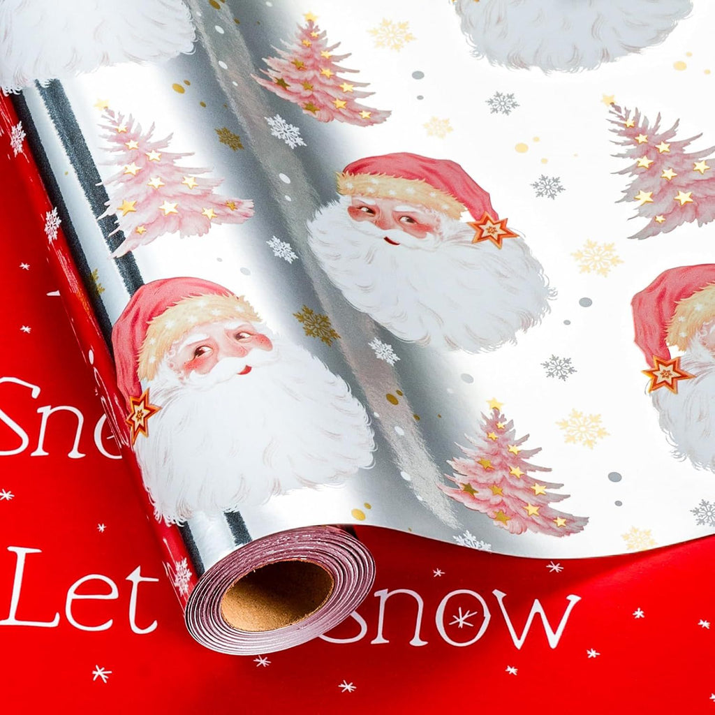 Christmas Reversible Wrapping Paper Roll - Silver Metallic Foil Shine Santa and Trees & Red Let It Snow Gift Wrap for Christmas, New Year Celebration - Mini Roll - 17 Inch x 33 Feet