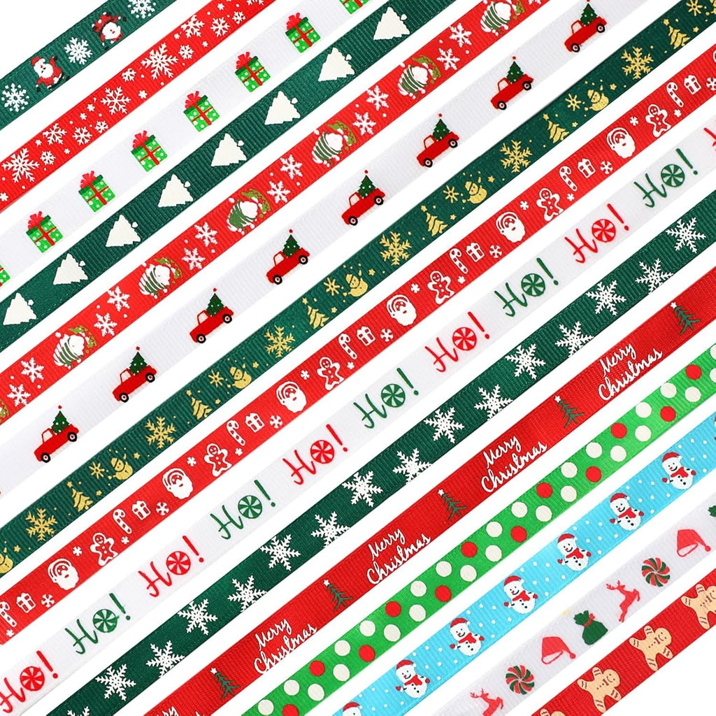 Christmas Ribbon, 15 Yards 3/8 Inch Christmas Grosgrain Ribbons for Gift Wrapping, Christmas Festival Pattern Printed Ribbon for DIY Crafts Xmas Holiday