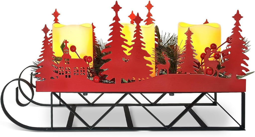 Christmas Sleigh Centerpiece Table Decorations with Flickering Led Candle Lights Xmas Sleigh Silhouette Candelabrum for Dinning Room, Table, Fireplace, Mantel Holiday Decoration