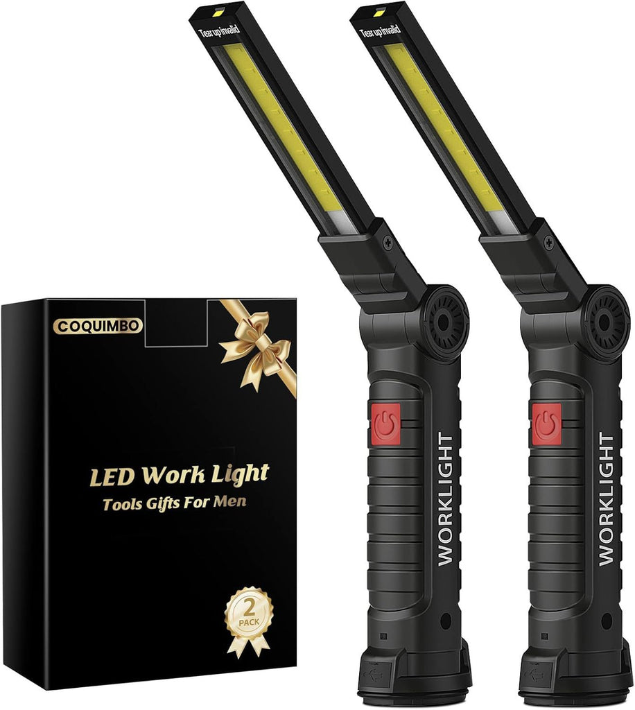 Christmas Stocking Stuffers White Elephant Gifts for Adults Men Him Dad, Rechargeable LED Work Light BBQ Grill Accessories Magnetic Flashlight, Mechanic Light Tools Mens Gifts (2 Pack Black)