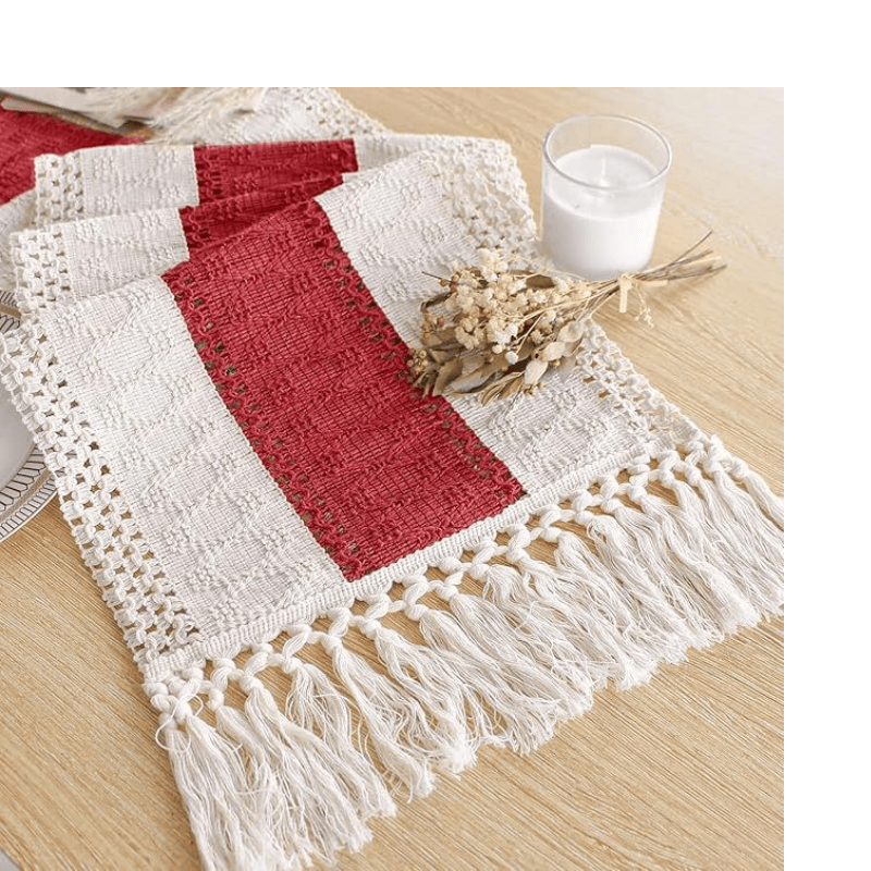 Christmas Table Runner for Home Decor with Tassels 72 Inches Long Farmhouse Red Rustic Boho Table Runner Macrame Burlap Table Decoration for Living Room Bridal Shower(12x72 Inches)