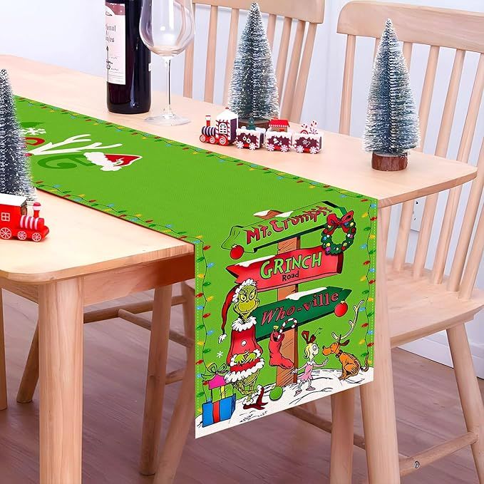 Christmas Table Runner Merry Christmas Winter Holiday Party Decoration Xmas Fireplace Kitchen Dining Room Home Decor (Green, 13" x 72")