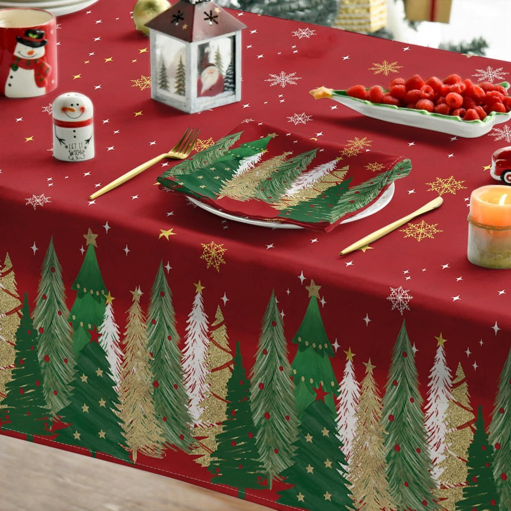 Christmas Tablecloth 60×84 Inch Rectangular, Christmas Trees Red Washable Table Cover for Party Picnic Dinner Decor