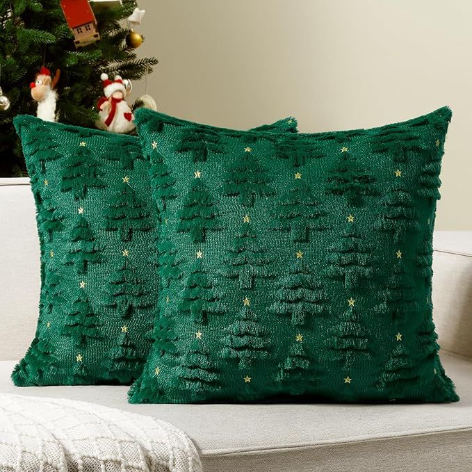 Christmas Throw Pillow Covers 18 x 18 Inch Set of 2, Xmas Winter Christmas Tree Faux Fur Cushion Covers, 3D Embroidered Pillow Cases for Couch Bedroom Living Room Decor, Green