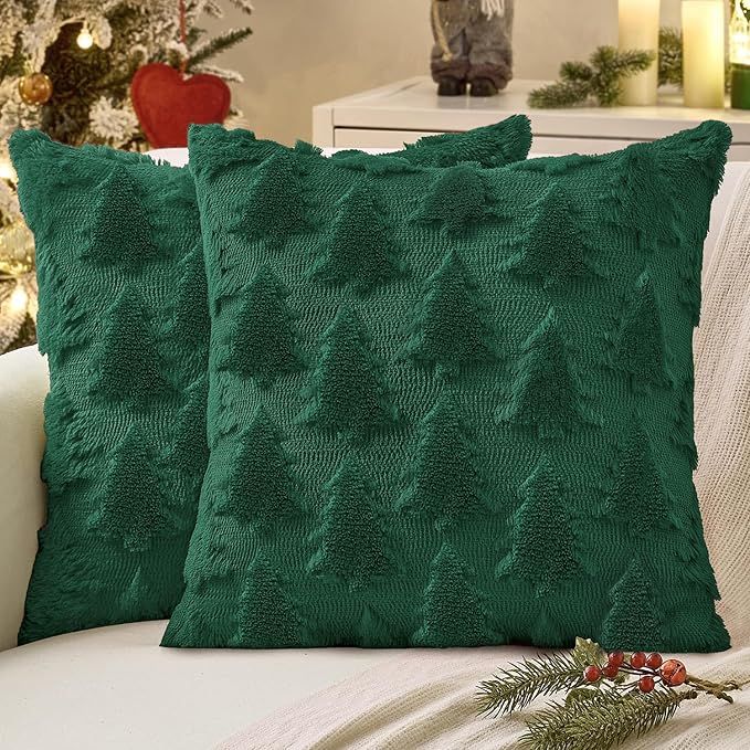 Christmas Throw Pillow Covers Dark Green Christmas Decorations Set of 2 Xmas Tree 18x18 Pillow Covers Soft Plush Faux Wool Pillowcases Holiday Festivals Winter Home Decor Sofa Couch Bed Porch