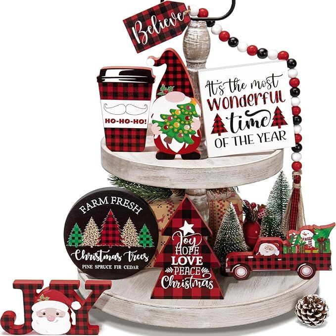 Christmas Tiered Tray Decor 8 PCS Xmas Decorations Indoor - Believe Merry Christmas Table Decor Wooden Signs