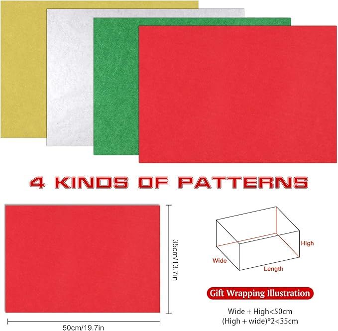 Christmas Tissue Paper for Gift Bags 60 Sheets, PLULON Red Green Golden Silver Christmas Gift Wrapping Tissue Paper Bulk for DIY Crafts Decor Holiday Party Wrapping Accessory 14 x 20 Inches