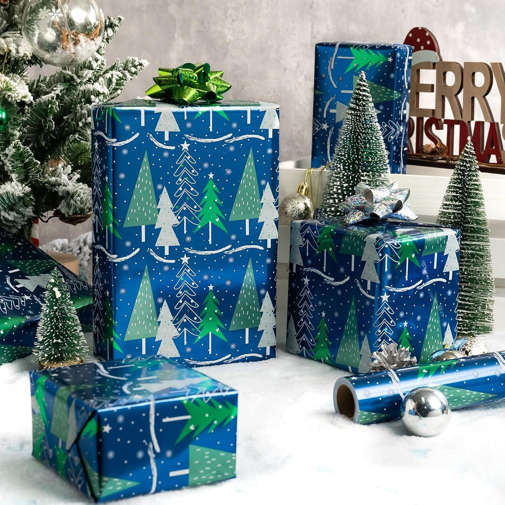 Christmas Tree Wrapping Paper Roll - 17 Inch X 33 Feet - Shine Metallic Navy Blue Elegant Christmas Tree Snow Winter Gift Wrap Paper Sheet for Holiday, Hanukkah, Festive Decoration