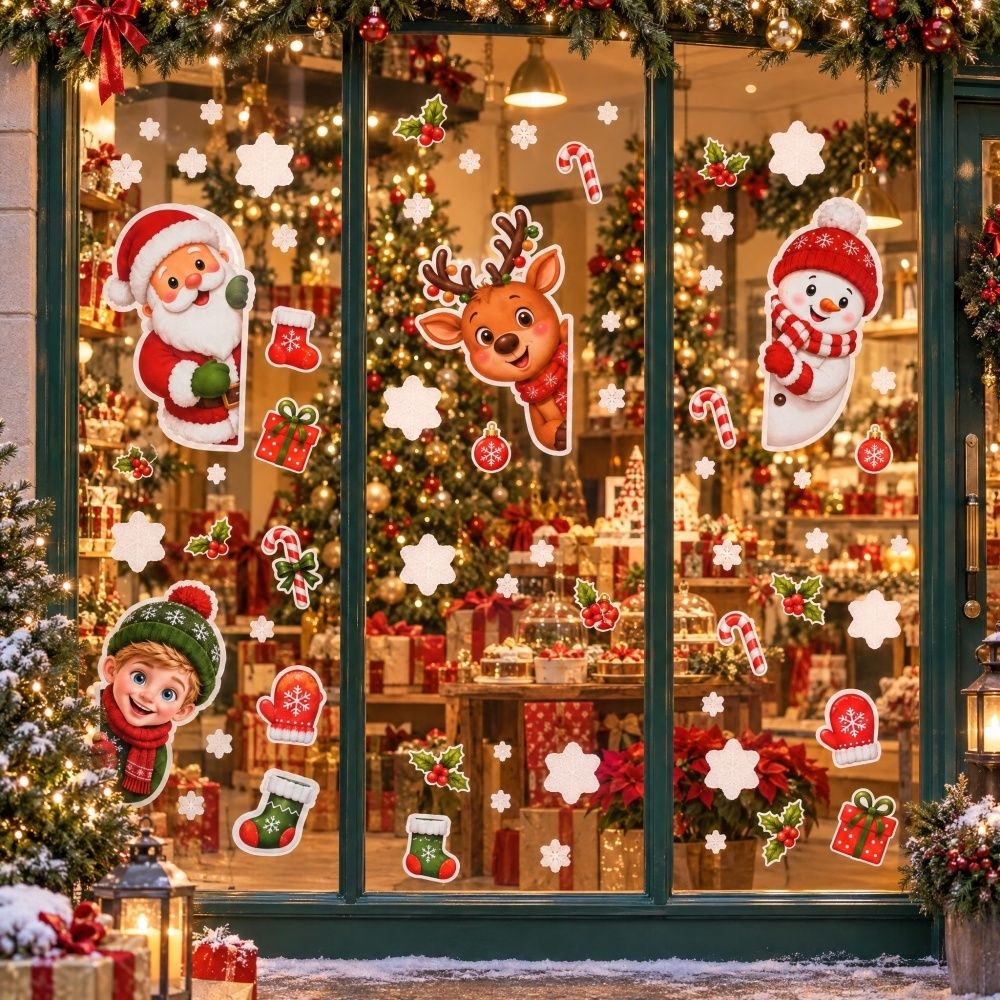Christmas Window Clings, 8 Sheets 7.9×11.6 in Santa Claus Snowman Reindeer Xmas Window Stickers, Removable Christmas Decorations for Home Shop Office Glass Window
