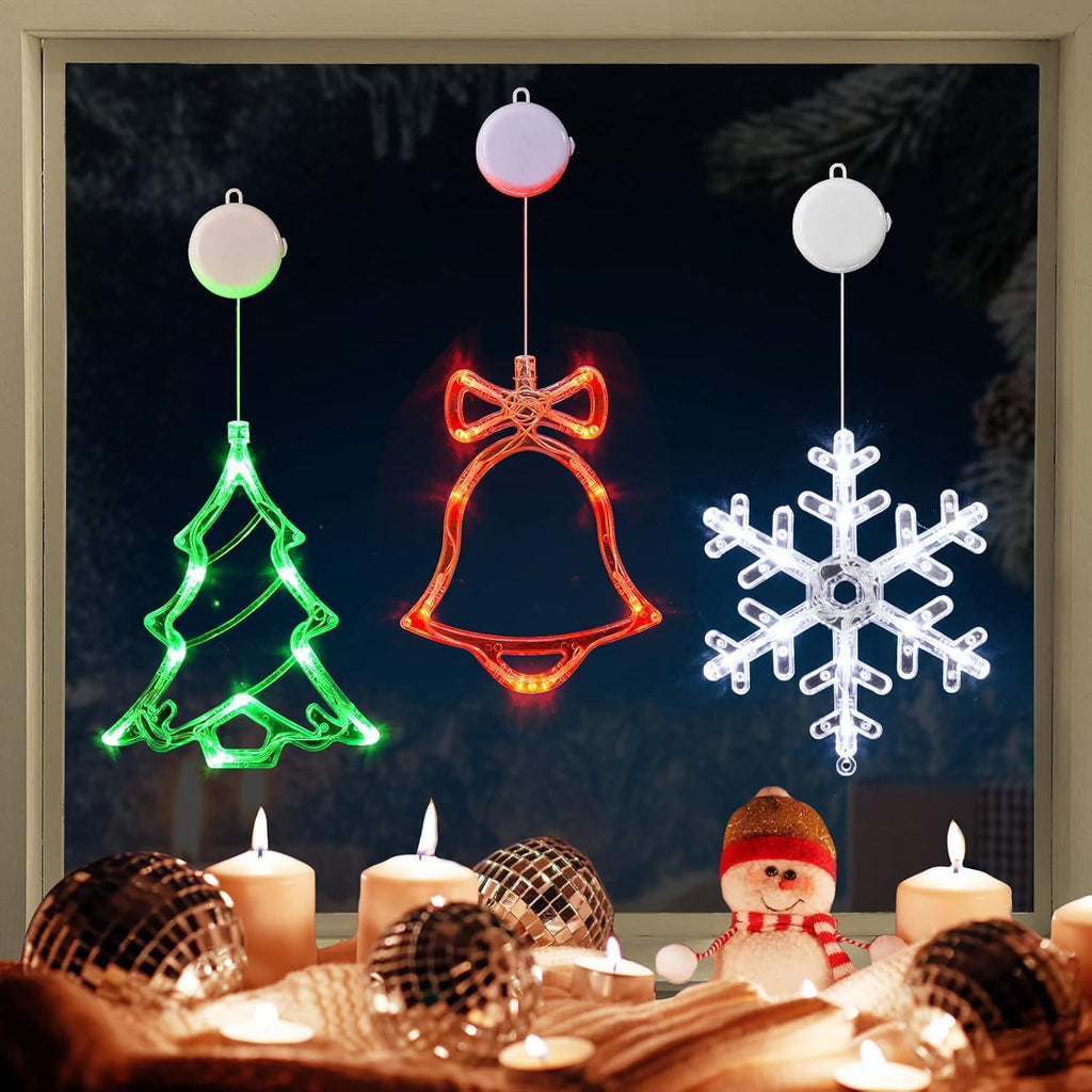 Christmas Window Decorations,3 Pack Jingling Bell,Christmas Tree,Snowflake Christmas Window Lights with Suction Cup, Timer Function & Slow Fade Mode Battery Operated Indoor Lights