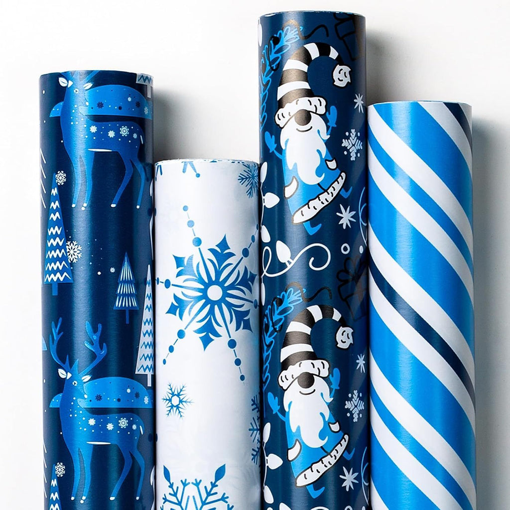 Christmas Wrapping Paper Jumbo Rolls - 30IN X 120IN - 4 Roll - Christmas Tree Reindeer Snowman Stripe for New Year Holiday Party Kids